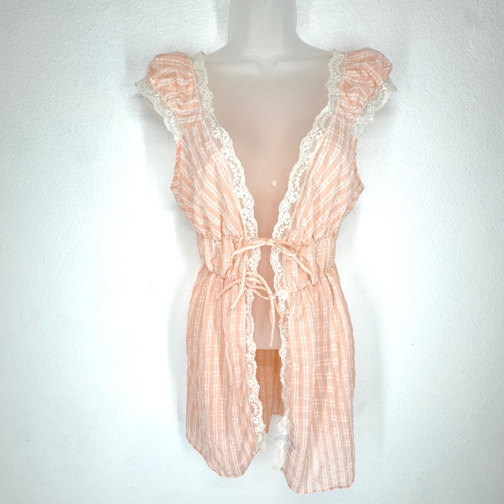 Vintage Texsheen Peach Plaid Lace Trim Tie Front Cardigan Top Medium Coquette